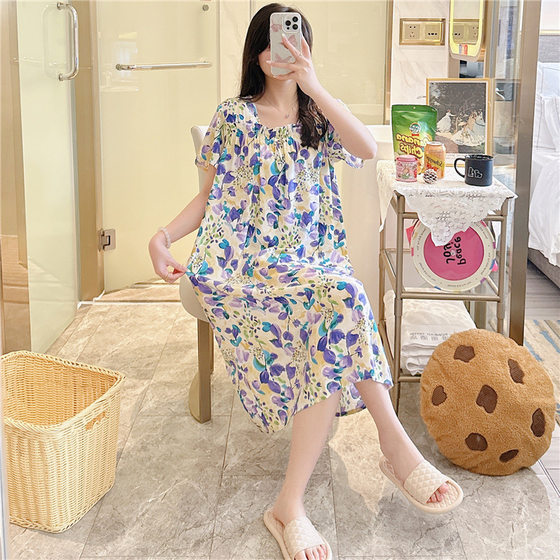 Cotton Silk Nightdress Women's Summer New Short-sleeved Printed Pajamas Spring and Autumn Thin Loose Sweet plus size Home Clothes