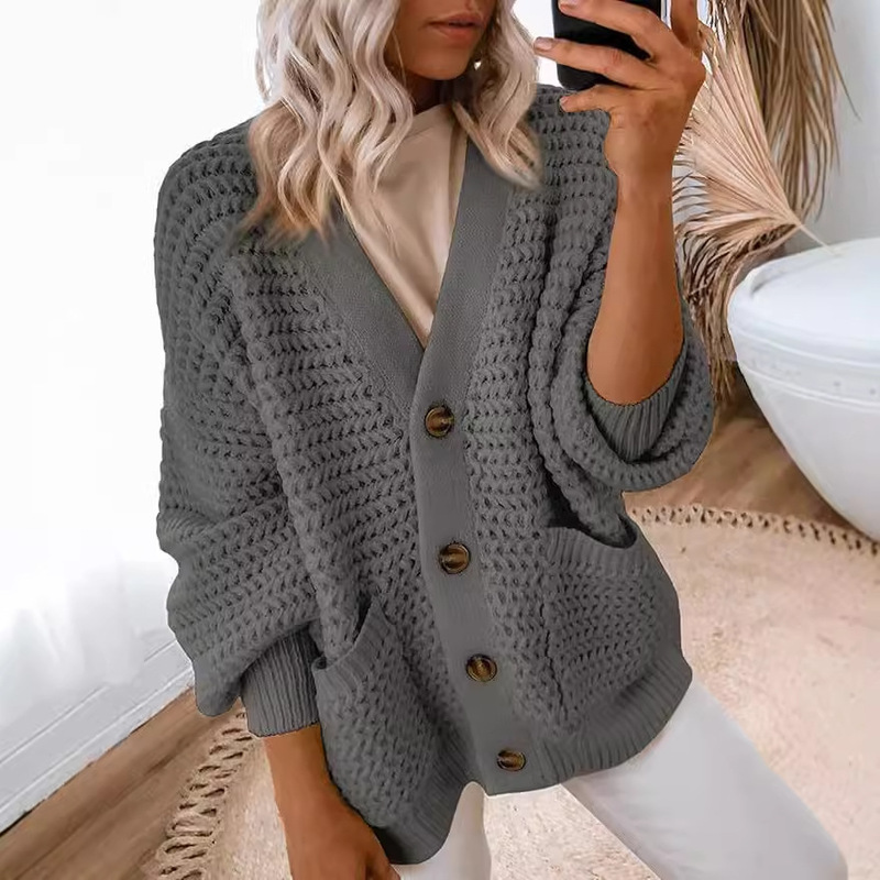 Women's 2024 fashion casual front open long sleeve thick knitted cardigan sweater coat