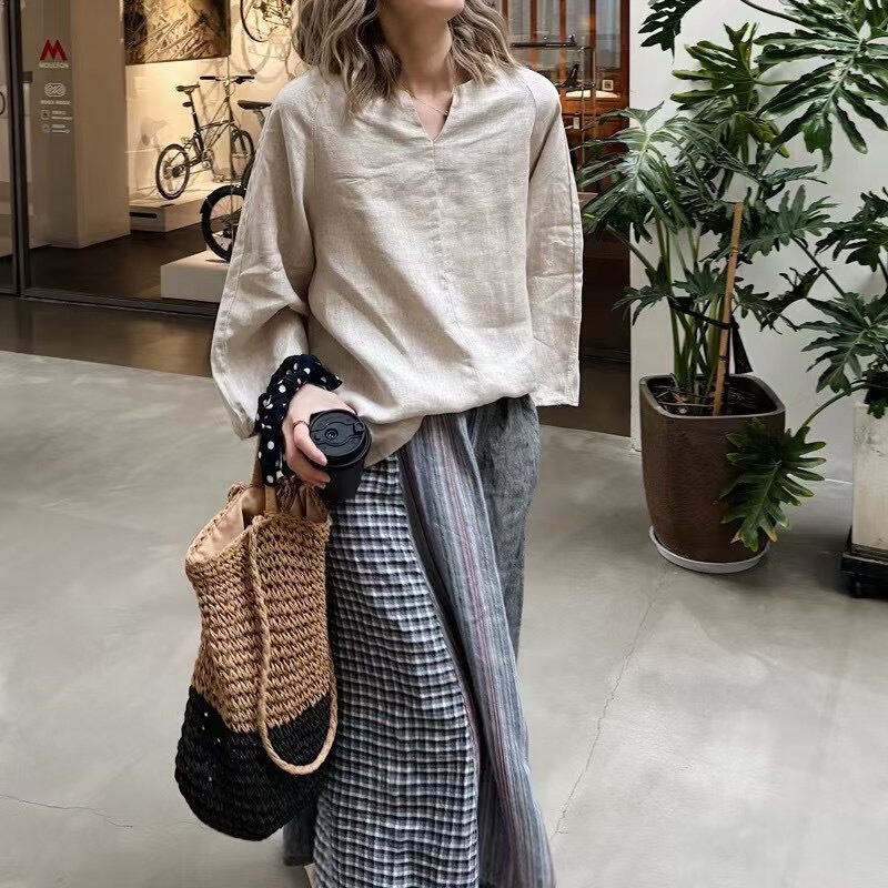 Spring and Summer New Women's South Korea Single Designer plus size V-Neck Retro Loose Slimming Linen Long-Sleeved Shirt Top
