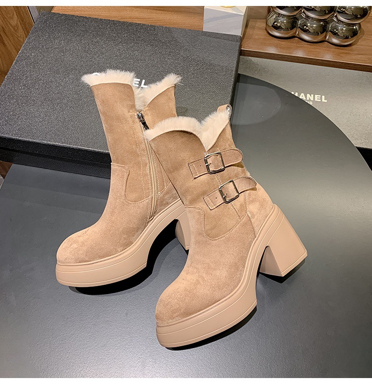Boot nữ cổ cao lót lông cừu ấm áp, đế bệt gót nhọn, khóa thắt lưng — màu đen chi tiết 21