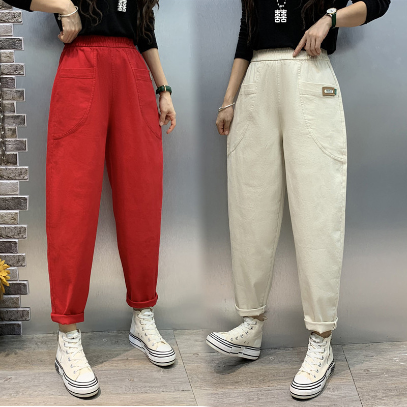 2022 Autumn Easy Washed cotton Diddy Elastic waist leisure time Large Show thin personality pocket Haren trousers