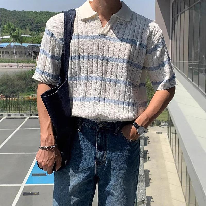 Summer Blue and White Lapel Polo Shirt Short-Sleeved Knitwear Men's Loose American Elastic T-Shirt Type Men's Cut Out Stripesd Shirt