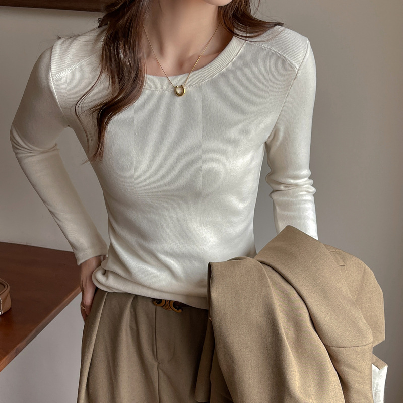 严选圆领内搭长袖t恤女秋冬美拉德修身显瘦高级感磨毛正肩上衣|undefined