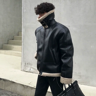 MYQ加绒皮衣男潮流秋冬季加厚立领羊羔绒皮夹克皮毛一体外套