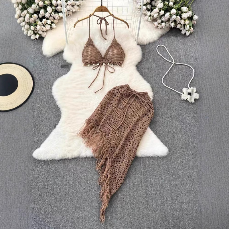 Seaside Vacation Suit Halterneck Suspender Two-Piece Crochet Hollow Knitted Sexy Tassel Bikini European and American Cross-Border Seaside Vacation Suit Halterneck Suspender Two-Piece Crochet Hollow Knitted Sexy Tassel Bikini European and American Cross-Border