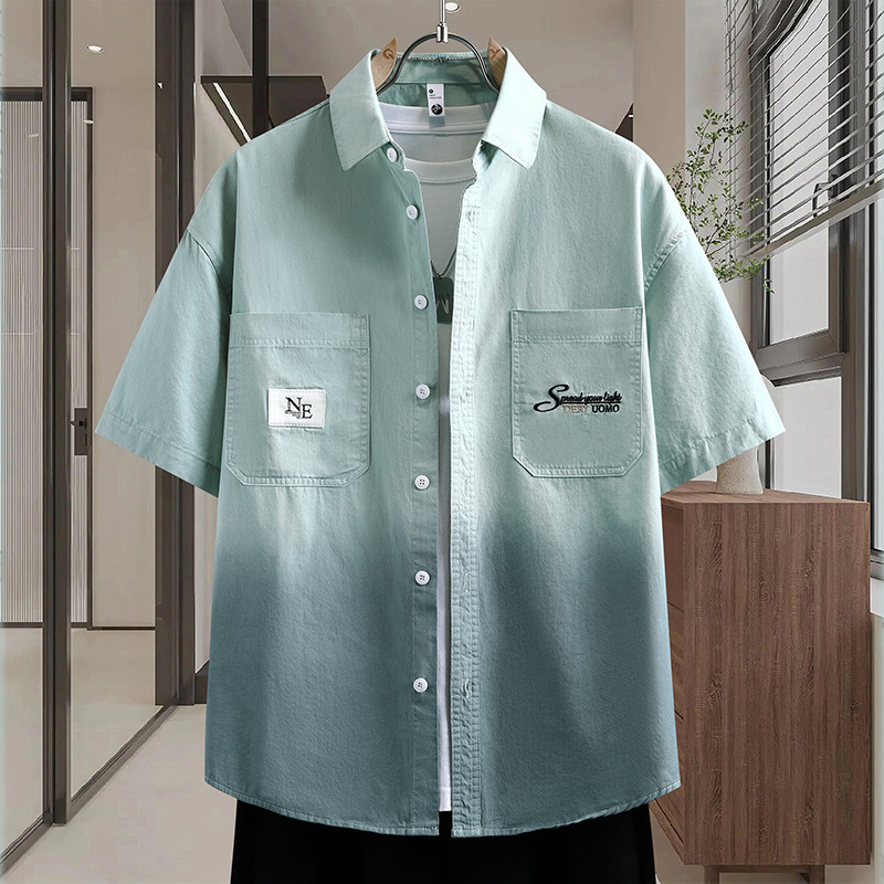 Summer New Cool and Stylish Denim Shirts for Teenagers, Male Middle School Students, Loose-Fitting, Cool Short-Sleeved Shirts, College Student Shirts