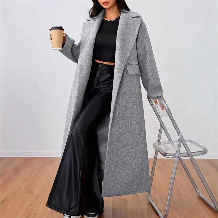 European and American Cross-Border Women's Clothing Winter New Woolen Coat Fashionable Elegant Long-Sleeved Lapel Long Loose Coat for Women