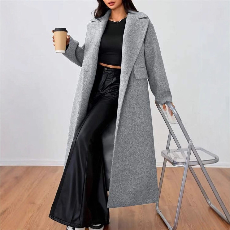 European and American Cross-Border Women's Clothing Winter New Woolen Coat Fashionable Elegant Long-Sleeved Lapel Long Loose Coat for Women