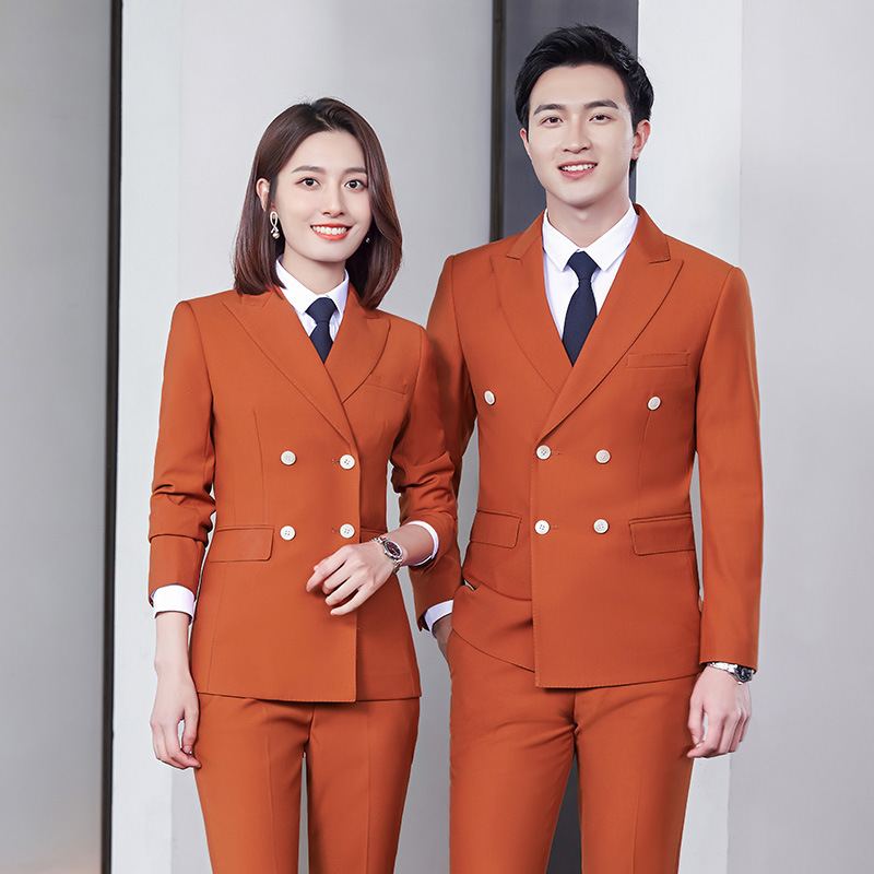 Brick Red Men's and Women's Same Style Suit Fashion Business Wear Two-Piece Double-breasted Dress Manager Boss Work Suit