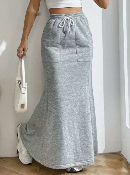2025 European and American Autumn and Winter New Pure Color Sweatshirt Half Skirt Women's Pocket Drawstring Skirt Women's Clothing