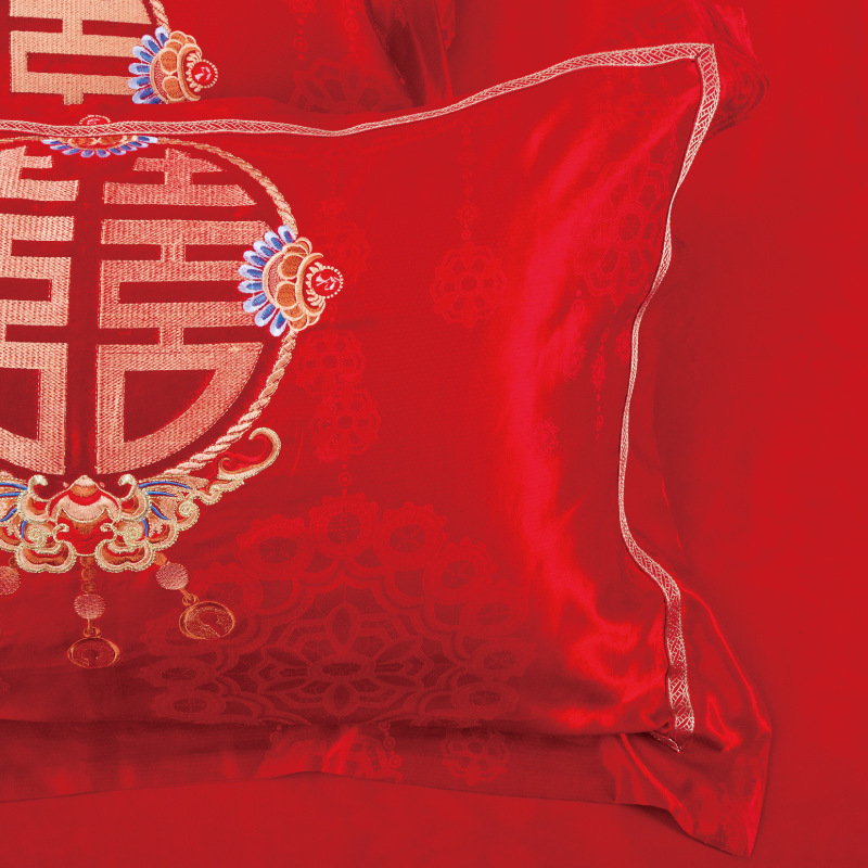 100s長絨毛綿結婚祝い四点セット大紅中国風喜字純綿磨毛結婚祝い四点セット卸売り|undefined
