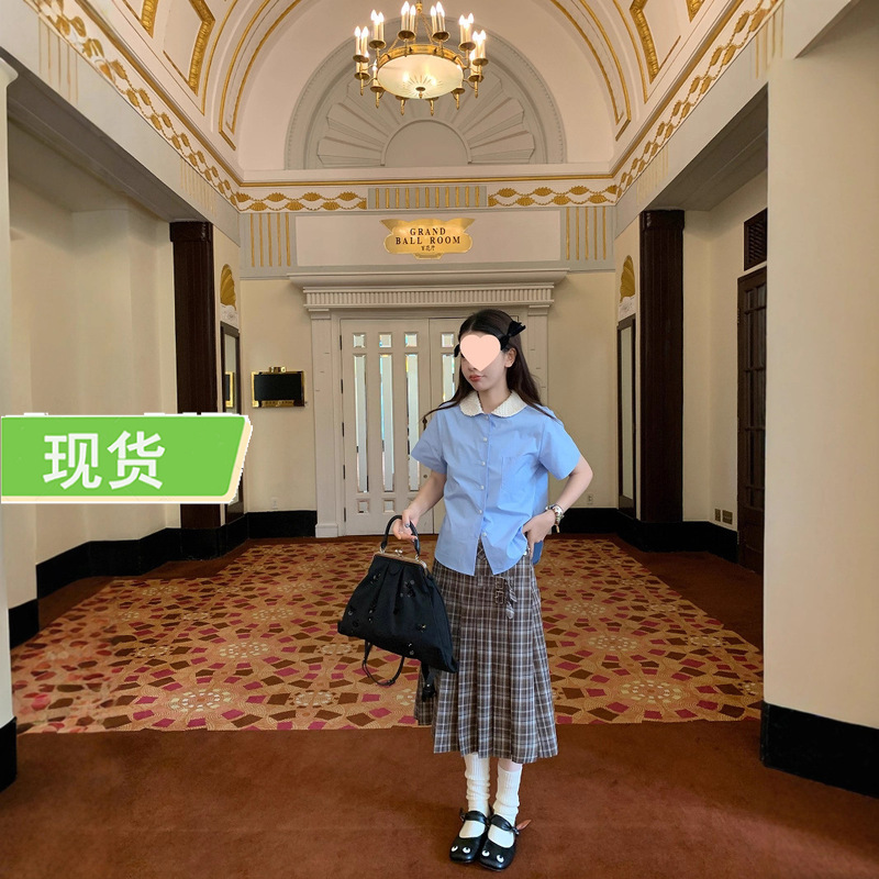 Le Rouge Zhou Meimei Age-Reducing School Girl Miu Retro Tweed Doll Collar Blue Right Shoulder Short-Sleeved Shirt