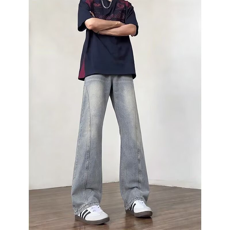 High Street American Retro Washed Vintage Patchwork Jeans for Men, Loose Straight-Leg Zipper Vibe Flared Stylish Pants