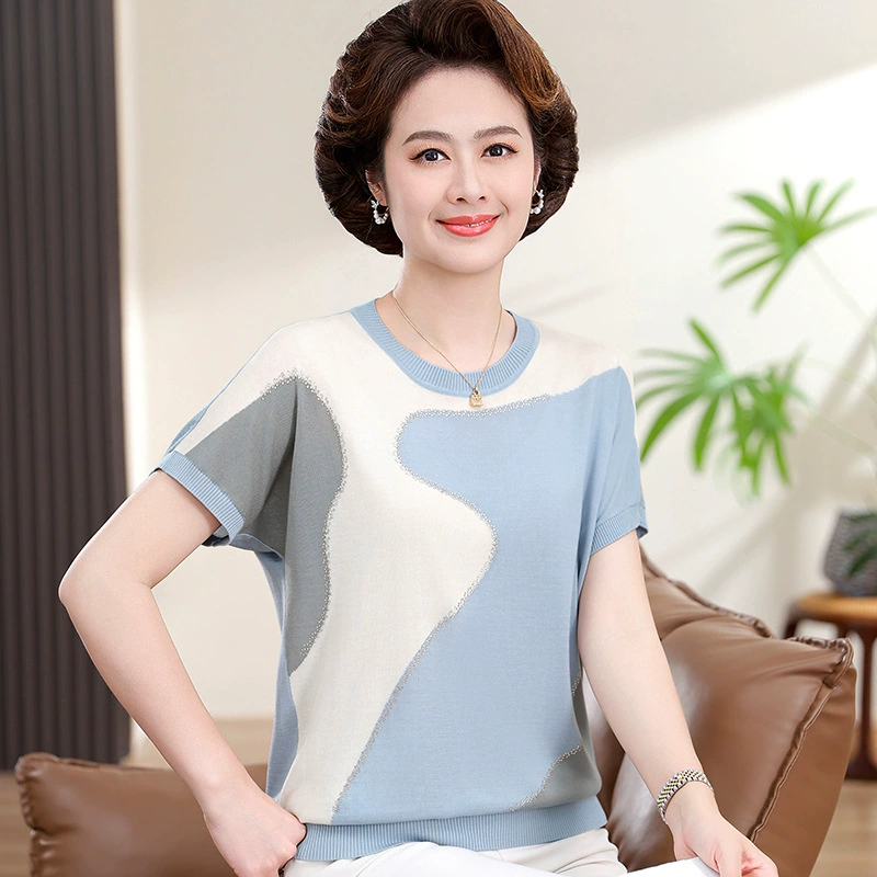 Иностранная мама летняя рубашка из ледяного шелка тонкая женская одежда среднего возраста новый топ среднего возраста футболка с короткими рукавами с круглым вырезом