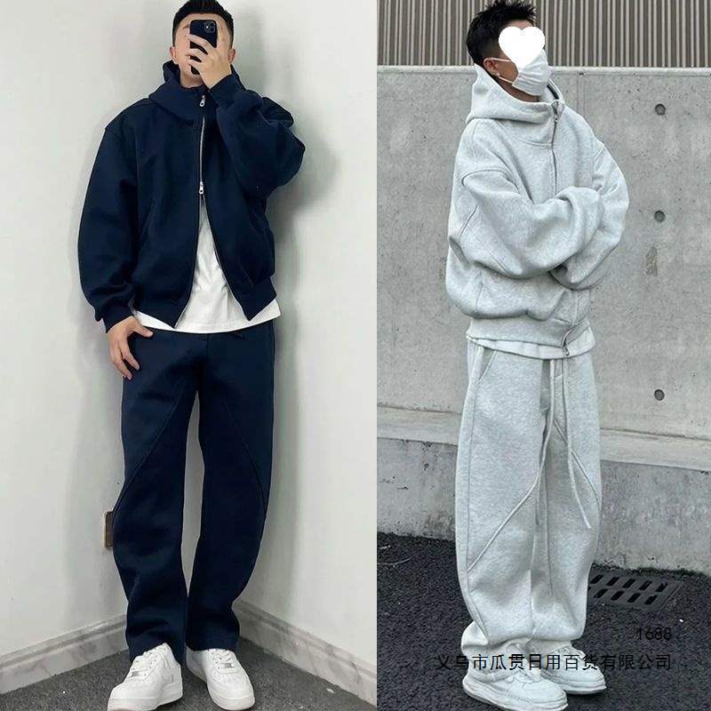 Men's casual sportswear set for spring and autumn, loose-fitting hooded jacket, sweatshirt, and sweatpants, two-piece set.