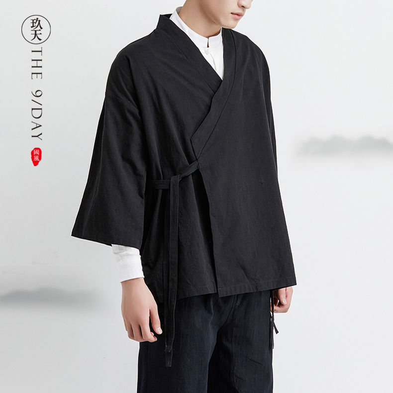 Túnica de estilo antiguo, traje de moda Tang, chaqueta retro de estilo chino, Hanfu para hombre, manga suelta de gran tamaño, media manga