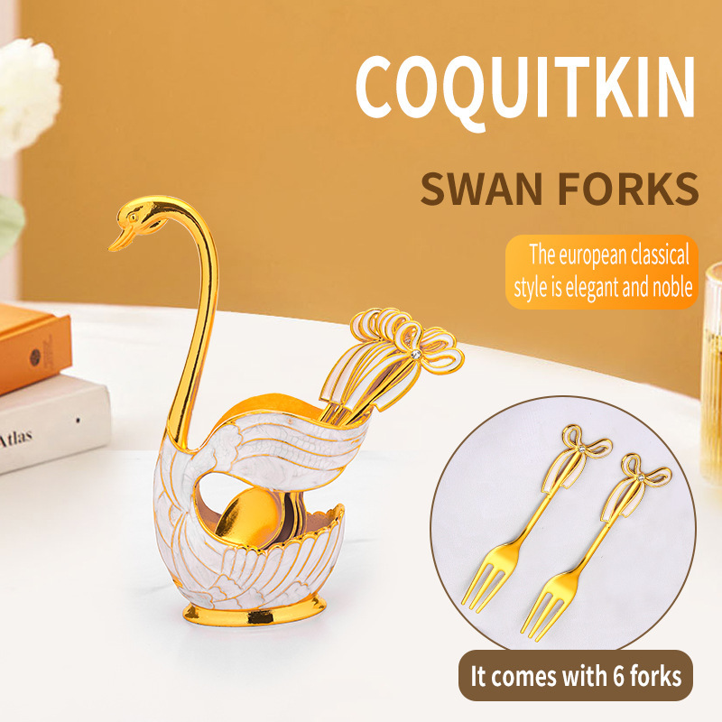 European Style Coffee Fruit Spoon Fork suit Household Ornaments Fashionable Cute Swan Dessert Spoon Temu Temu Cross Border