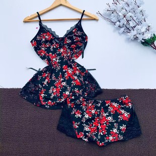 Sexy Underwear European and American Explosions Sexy Lace Printing Sling Lace Stitching Lace Shorts Women's Dwelling Clothing Two Pieces