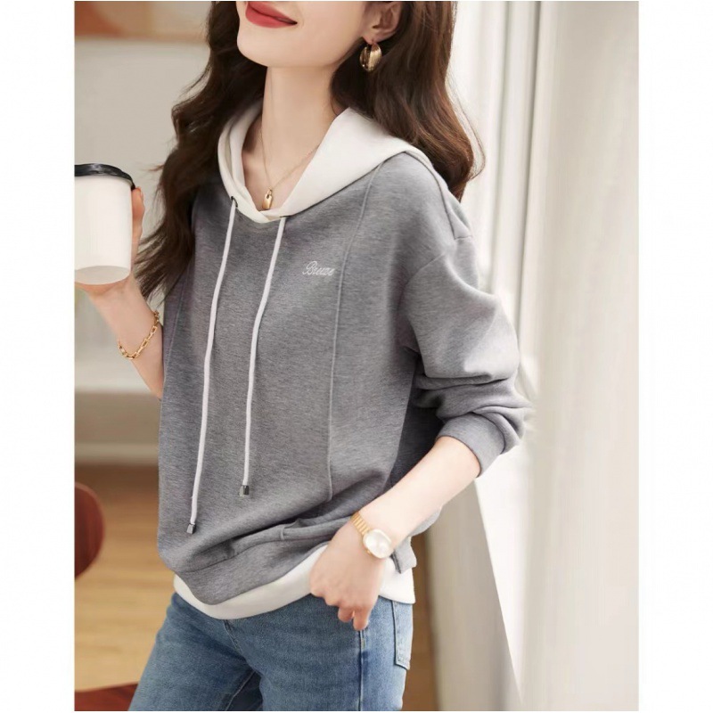 Versatile Casual Pullover Top 2024 Spring New Drawstring Color Block Hooded Commuting Sweatshirt for Women