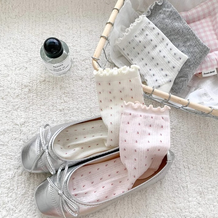 Women's Cotton Socks Summer Thin Mesh Breathable Ear Mid-Socks Summer Ballet Style Small Floral Stacking Socks