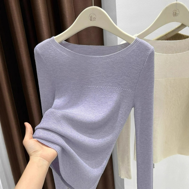 French Style One-Shoulder Knitwear Top t with High-End One-Shoulder Collar Long-Sleeved Sheep Wool Bottoming Shirt for Women French Style One-Shoulder Knitwear Top t with High-End One-Shoulder Collar Long-Sleeved Sheep Wool Bottoming Shirt for Women