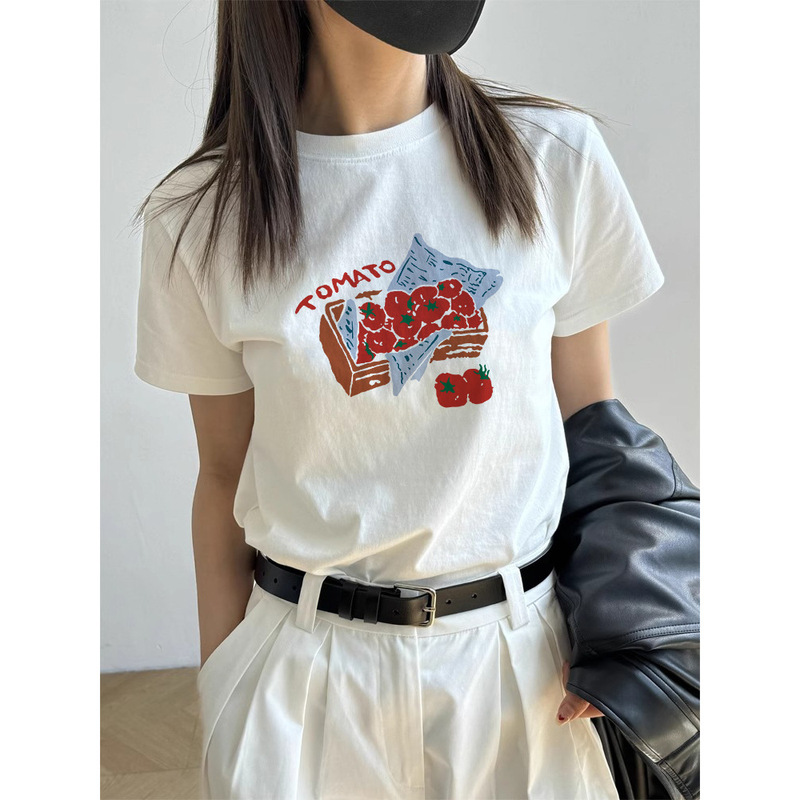 Korean 2026 Summer New Niche Printed Short-Sleeve Women's Comfortable Pure Cotton Regular Shoulder Top Basic Style Base T-Shirt