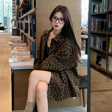 美式豹纹Polo领衬衫外套女秋设计感宽松中长款慵懒上衣