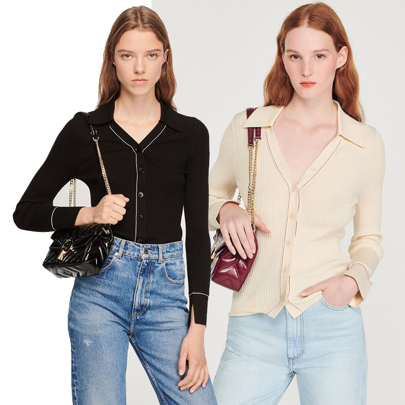 Clearance Sale at a Loss~No Returns or Exchanges~Polo Collar Wool Knit Sweater Slim Fit Buttoned Ribbed V-Neck Turn-Down Collar Sweater for Women