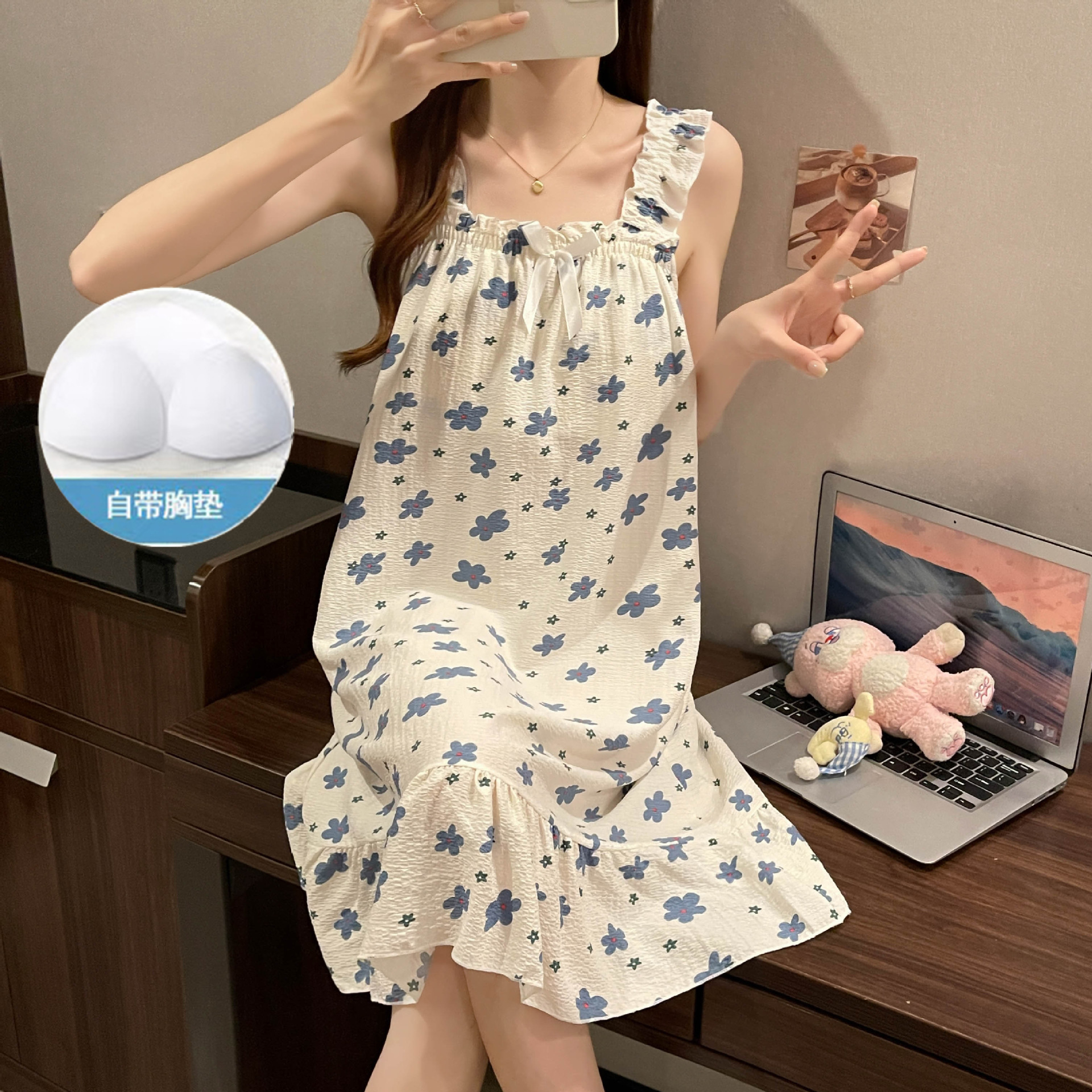 2024 pijamas de verano mujeres en vivo espuma explosiva con cojín de pecho sexy cabina dulce lindas pijamas ropa para el hogar