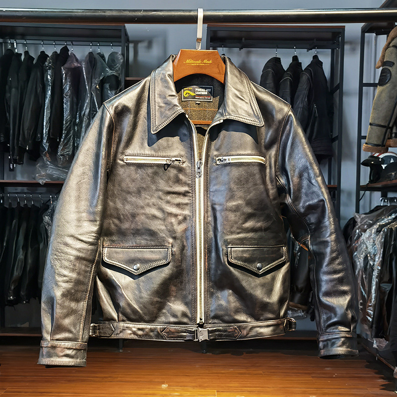 Vintage Wwii German Pilot Heavy Washed Pleated Horsehide Jacket Men's Ami Khaki Turn-Down Collar Multi-Pocket Genuine Leather Jacket