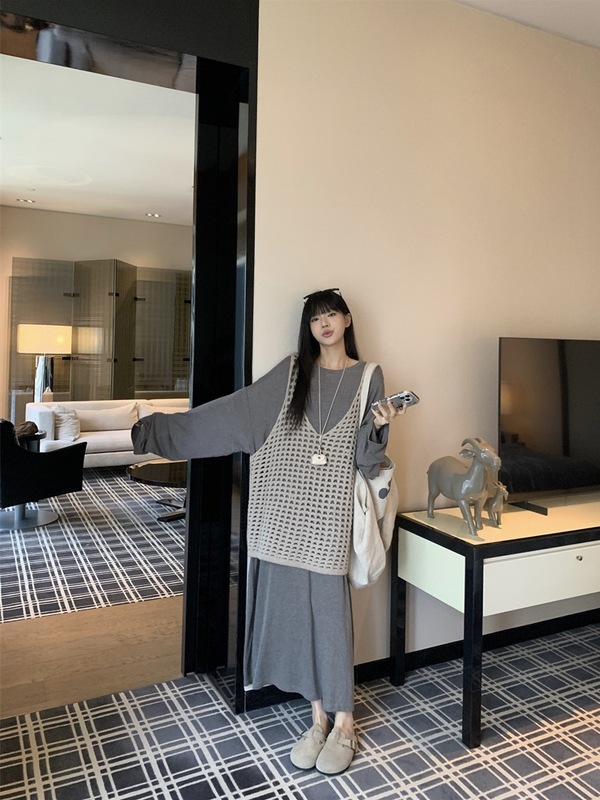 慵懒风套装宽松长袖连衣裙女装秋季叠穿镂空渔网大背心马甲两件套|undefined
