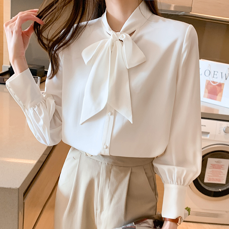 实拍春秋季新款蝴蝶结系带领设计感长袖衬衣内搭上衣