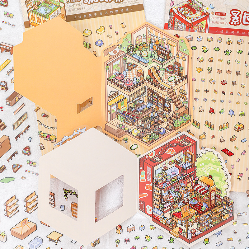 Pegatinas de paisajismo en miniatura de huellas de papel, pegatinas, series de postes, escenas de temas retro, pegatinas decorativas de material de cuenta manual