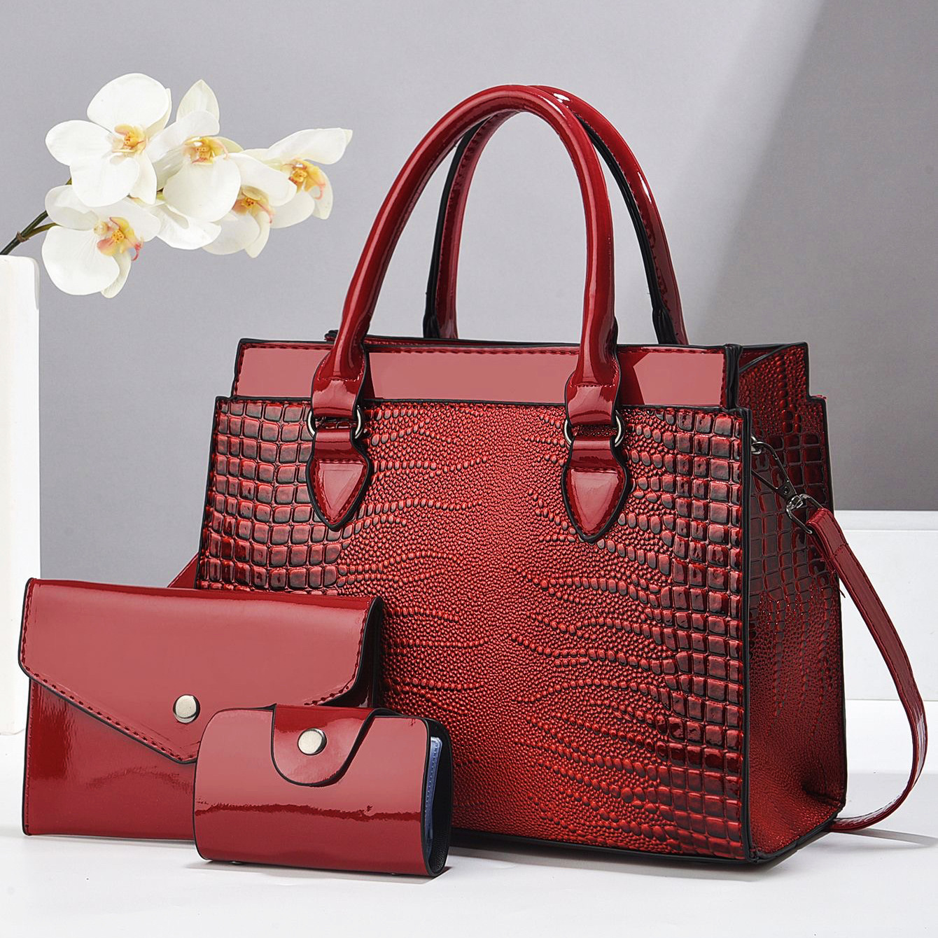 Women's Crocodile Pattern Handbag Three Piece Set Shoulder Bag_voghion.com