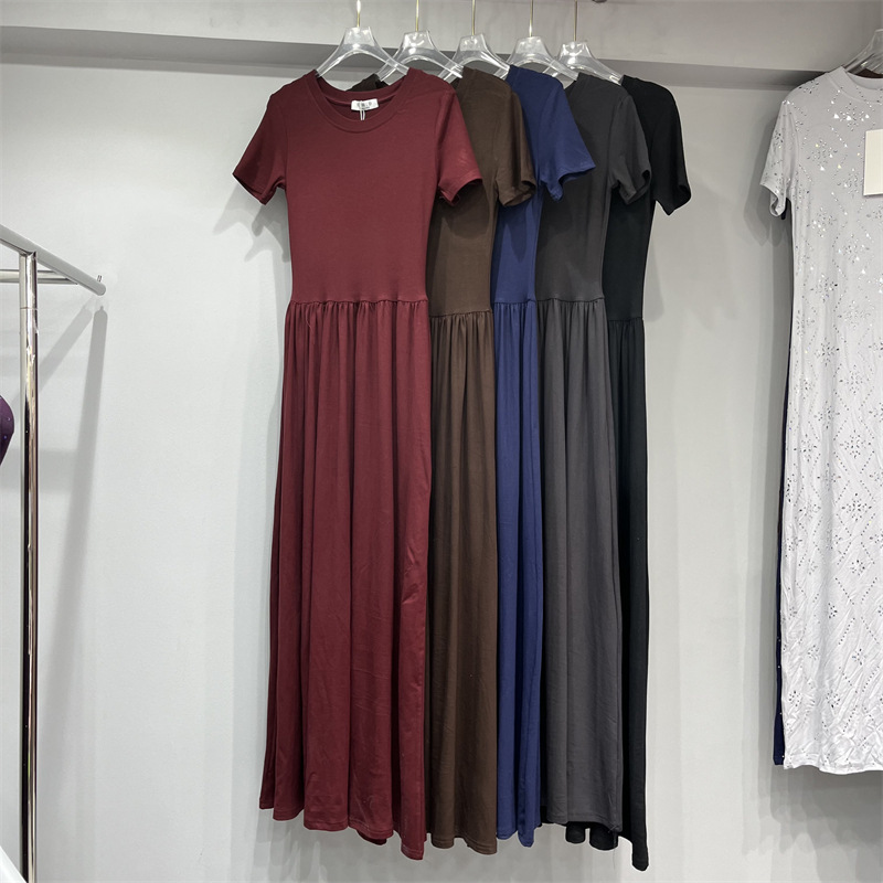2026 Summer New Solid Color Round Neck Patchwork Short-Sleeve Dress Slim Fit Versatile Casual Maxi Dress for Women Trendy
