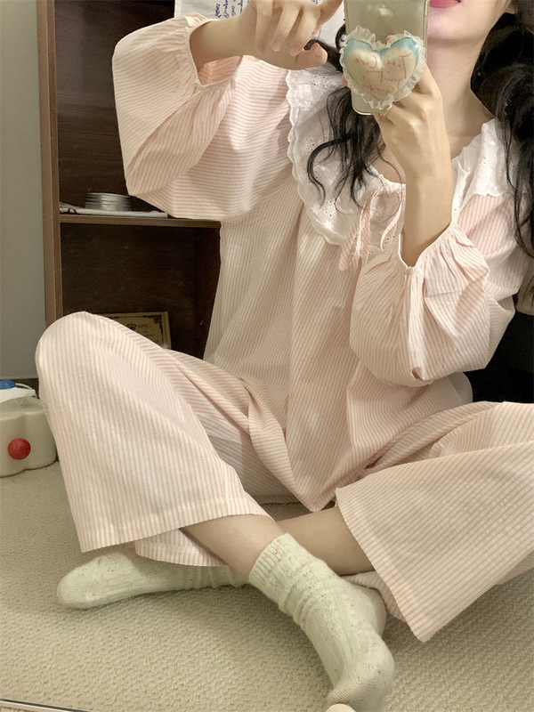 睡衣女春秋季韩版甜美蕾丝条纹云朵棉长袖长裤家居服套装学生薄款|undefined