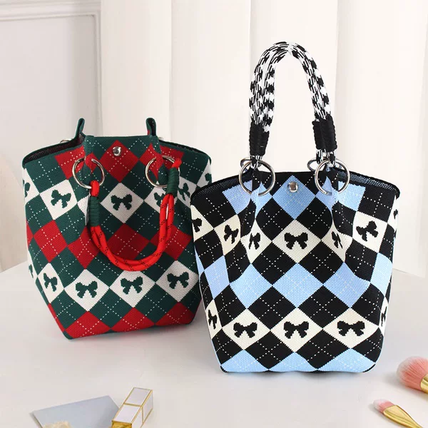 Korean Ins-Style Color-Blocked Plaid Handbag Casual Japanese-Style Bucket Bag Checkerboard Lunch Bento Bag Tote Bag