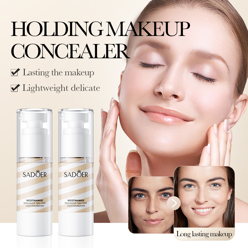 全英文SADOER煙酰胺遮瑕雙色粉底液定妝修容保濕跨境彩妝外貿批發