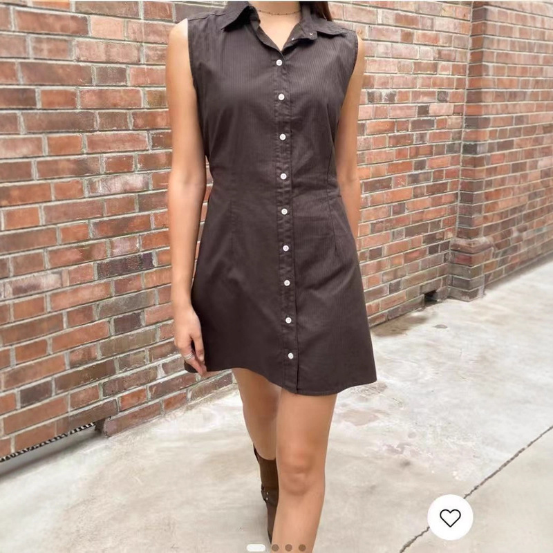 Bm Style Dark Brown Vertical Stripesd Waist Shirt Skirt Bottoming Sleeveless Top Women's Sweet Single-Breasted Lace-Up Dress