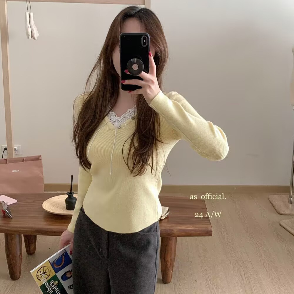 공식적인 가을과 겨울로 새로운 여성의 레이스 바느질 V-NECK 싱글웨어 니트웨어 여성용 11826