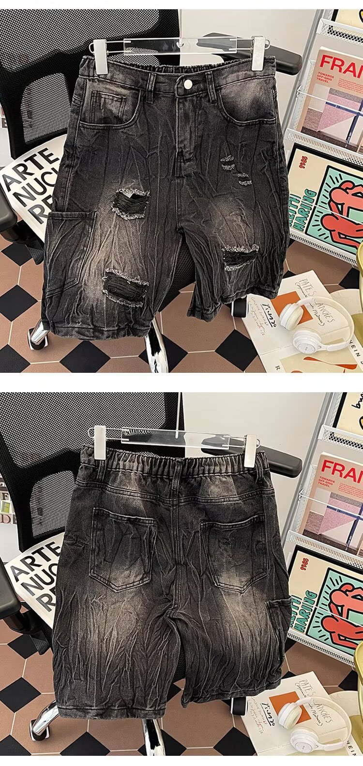 Men's Trendy Distressed Denim Shorts Summer Loose Fitting Washed Five Quarter Length Pants Street Style Trousers_mkmklike.com