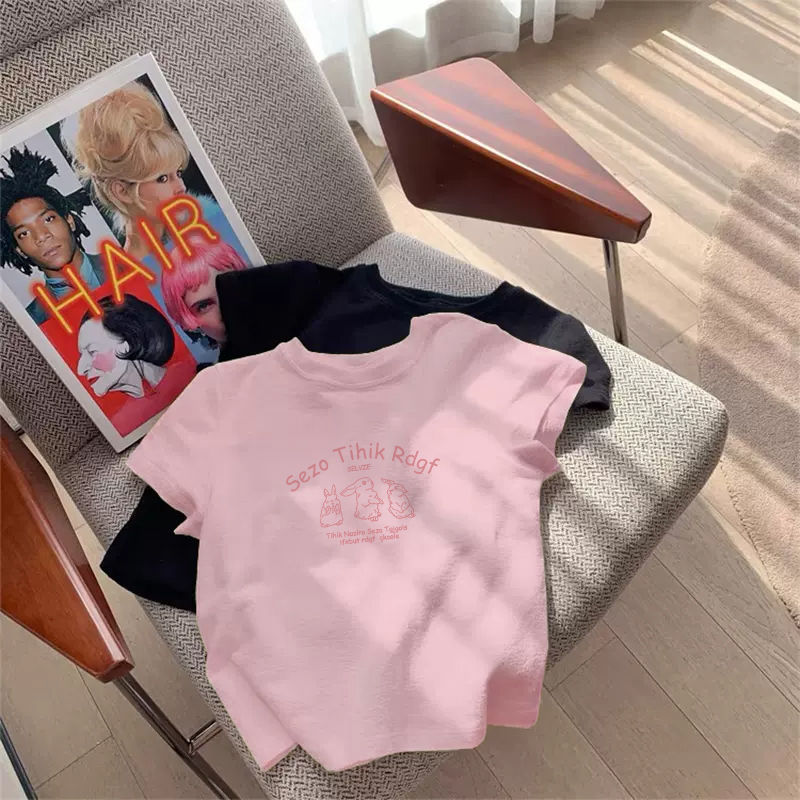 Dopamine Sweet Cool Wear Small Chic Shoulder Short-sleeved T-shirt Women's Summer Niche Printed High-end Top Dopamine Sweet Cool Wear Small Chic Shoulder Short-sleeved T-shirt Women's Summer Niche Printed High-end Top