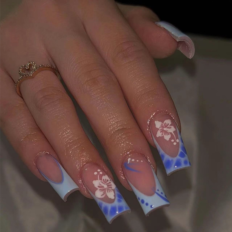 Blue Color-hopping French Rectangular Wearing Nail Art Patch Water Ripple Flower Design Removable Foreign Trade Nail Art Patch Blue Color-hopping French Rectangular Wearing Nail Art Patch Water Ripple Flower Design Removable Foreign Trade Nail Art Patch