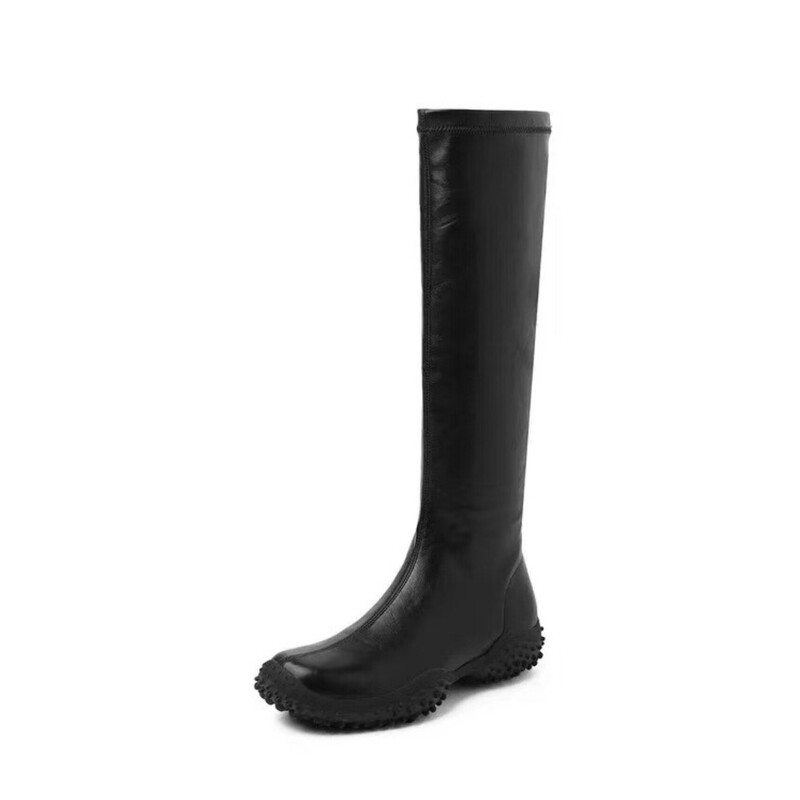 Sheepskin version~New women's long boots, genuine leather, round toe, thick-soled riding boots, height-increasing, non-slip, chunky heel, high-top leather boots