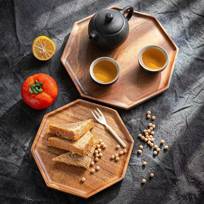 日式实木托盘创意八边形喝茶茶盘面包糕点托盘家用水果坚果盘