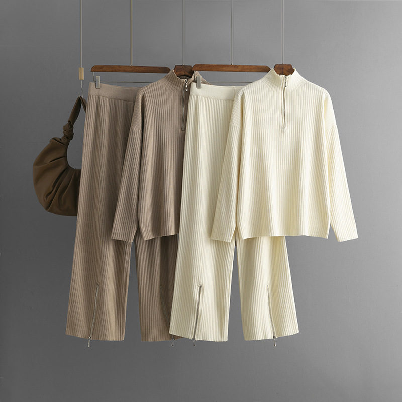 910g Weight Long Sleeve Sleeve Length knit Fabric Type Pant Co-ord Set Sets Type 2 Pieces Set Quantity Daily Occasion Turtleneck Neckline Regular Fit Fit Type Solid Color Pattern Spring, Autumn Season Women's Gender Zipper Design Simple Style Style Daily Women's Simple Style Solid Color Knit Zipper Pant Co-ord Set Pants Sets 无