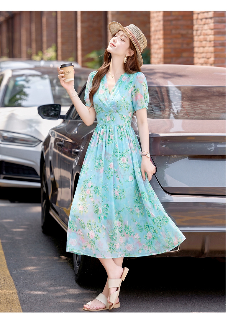 Đầm maxi nữ thắt eo họa tiết hoa nhí cổ V xếp ly tay ngắn — xanh lam, Màu hồng, màu vàng chi tiết 13