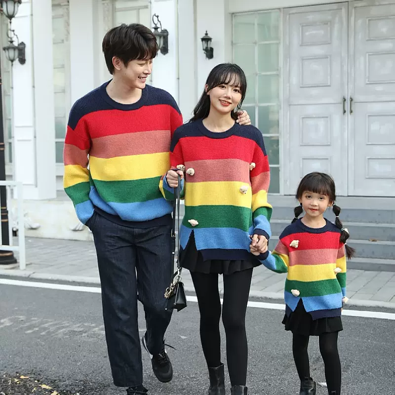 韩版彩虹毛衣卡通立体小熊亲子装一家三口四口童装秋冬加厚保暖