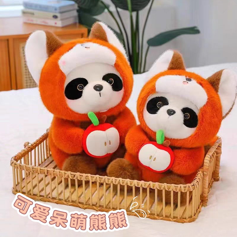 Dibujos animados oso grupo de juguetes de peluche panda transformado en pequeño mapache muñeca infantil para amigos regalo de muñeca de manzana