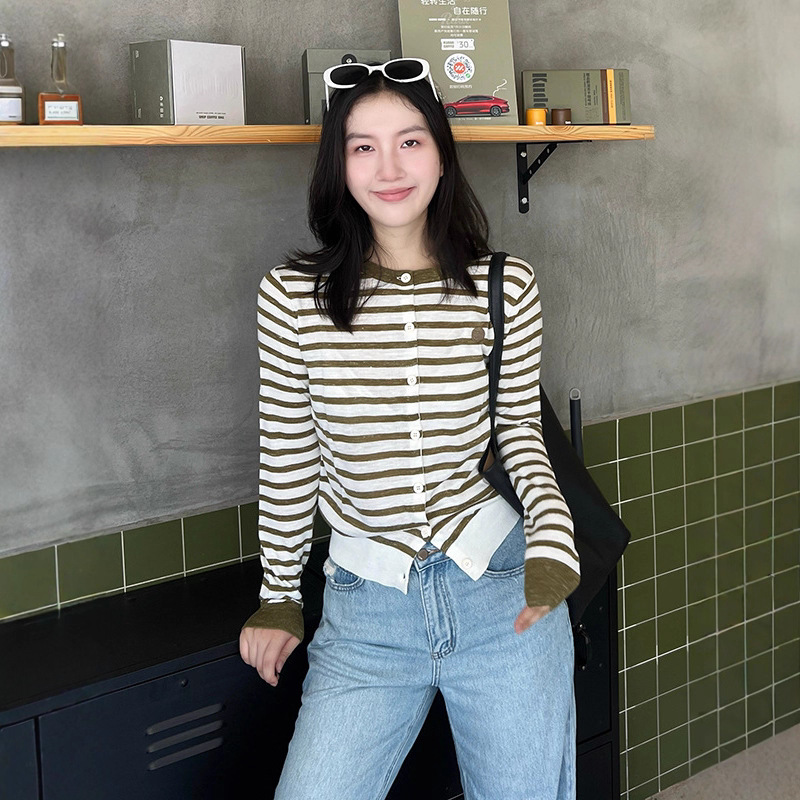2025 New Autum Sw Home Linen Blended Stripesd Knitted Cardigan Women's Loose Casual Contrast Top Jacket
